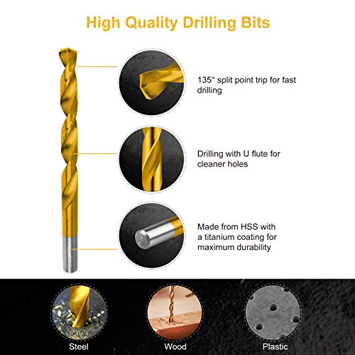 230 Pieces Titanium Twist Drill Bit Set, Anti-Walking 135° Tip High Speed Steel, Size from 3/64