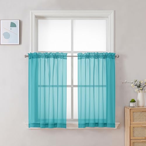 Chyhomenyc Lot de 2 Rideaux Transparents Turquoise de 76,2 cm de Long, Voile filtrant la lumière, avec Passe-Tringle pour Salle de Bain, Salon, Ferme, Petites...