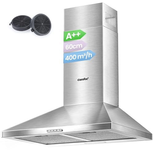 COMFEE' 60 cm Chimney Cooker Hoods Class A++ Stainless Steel Extractor Hood with LED and Recirculating & Ducting System Wall Mounted Hood 600 mm with Carbon Filters