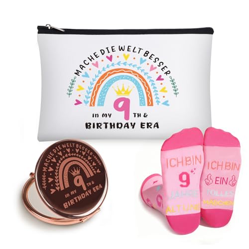 9 Geburtstag Mädchen Geschenk Set, Geburtstag Geschenke für 9 Jährige Mädchen mit Originelle 9. Kosmetiktasche, 9. Rosa Socken und Kosmetikspiegel Tochter Geschenk