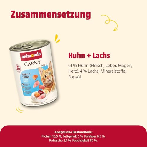 animonda Carny Adult Huhn + Lachs (6 x 400 g), Katzennassfutter für ausgewachsene Katzen, Nassfutter mit 100 % frischen, fleischlichen Zutaten, Katzenfutter ohne Getreide und Zucker