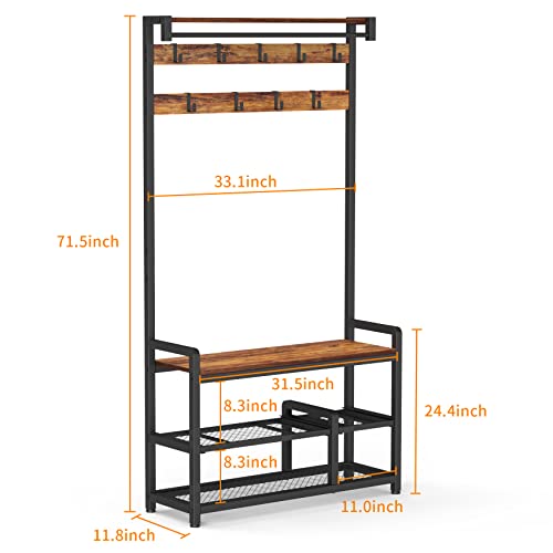 Mr Ironstone Coat Rack Shoe Bench Hall Tree With Detachable Shelf, 4-In-1 Entryway Shoe Rack Shelf Mudroom Garage Storage Organizer, 33.1" L X 11.8" W X 71.5" H (Vintage+Black) #TOP2