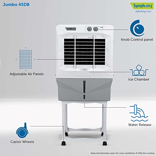 Image of Symphony Jumbo 45 DB Desert Air Cooler For Home with Aspen Pads, Powerful Double Blower, Cool Flow Dispenser and Free Trolley (41L, Grey)