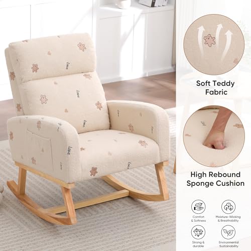 HCHAIRH Rocking Chair Nursery, Sherpa Nursing Rocking Chairs, Upholstered Nursery Glider Rocker for Mom Nursery Morden Rocking Chair with Side Pocket for Living Room,Bedroom,Teddy Beige Bear Printed