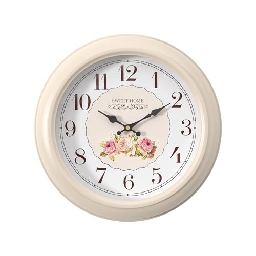 Abdurey Sweet French Rose Style Wall Clock, Battery Operated Silent, Creamy White Decorative Wall Clocks for Living Room, Farmhouse, Bedroom, Bathroom, Dining Room 11.5