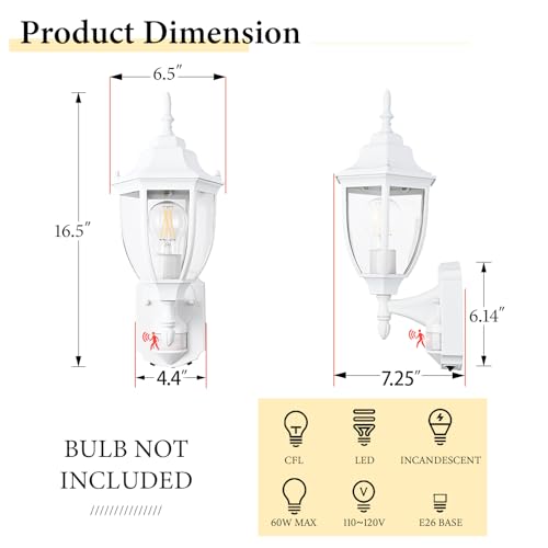 Image of Porch Lights Outdoor Motion Sensor Wall Sconce Anti-Rust Aluminum, Exterior Outdoor Wall Lights Dusk to Dawn Porch Light Fixture Wall Mount for House Outside Patio 2Pack White