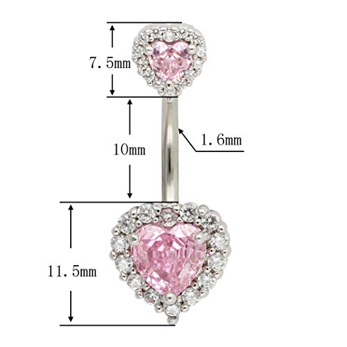 Excepro 1Pc 14G(1.6Mm) Double Heart Diamond Cubic Zirconia Navel Belly Button Ring 316L Surgical Steel Piercing Jewelry #TOP1
