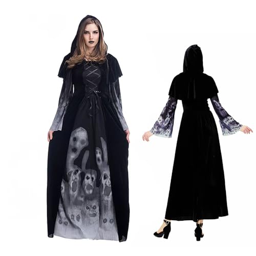 RIRIDAMAI Halloween Kostüm Damen Kleid Lang, Sensenmann Kleidung mit Umhang Kapuze, Schwarze Geisterbraut Abendkleid Erwachsene für Allerheiligen...