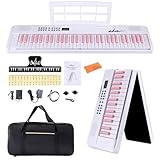 ADM 電子ピアノ 61鍵 折りたたみ式 ダブルフォールド 電子キーボード 日本語表示 多電源対応 内蔵音色128 リズム128種 ブルートゥース機能 サステインペダル付 専用厚手収納ケース 譜面台付属 軽量 コンパクト 初心者 子供向け 日本語説明書付き (ホワイト・ピンク)