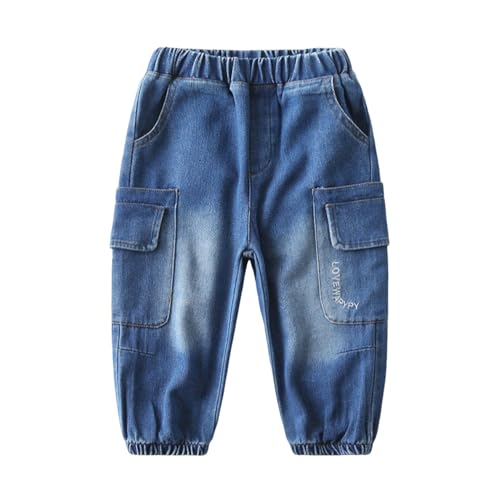 Boys' Fashionable Casual Denim Long Pants Elastic Waistband Cargo Pockets Design Pants