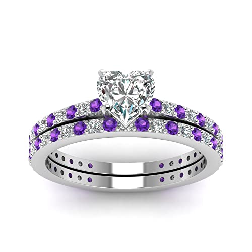 Image of 55Carat Choose Your Gemstone Classic Delicate Diamond CZ Wedding Set sterling silver Heart Shape Wedding Ring Sets Ornaments Surprise for Wife Symbol of Love Clarity Comfortable US Size 4 to 12