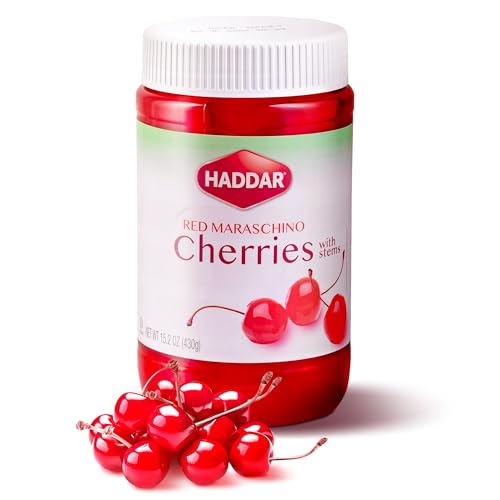 Haddar Red Maraschino Cherries with Stems 430g | Old Fashioned Cocktail Cherries | Sweet & Vibrant Cherries for Dessert Garnish Baking Drinks