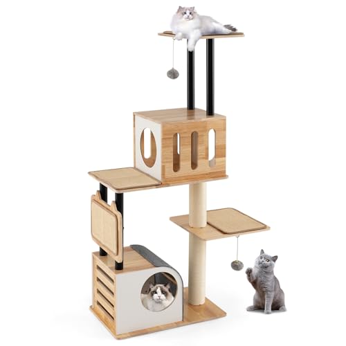 PETSITE 56 Inch Wood Cat Tree, Multi-Level Cat Tower with Sisal Scratching Posts, Dual Cat Condos, Removable Sisal Mats, and Hanging Balls with Bell, Modern Cat Tree Tower for Indoor Cats, Kittens