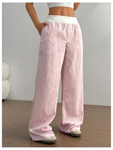 Milumia Women's Colorblock Striped Long Pants Bow Tie Button Front Loose Fit Casual Pants2