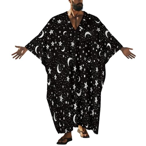 Black White Moon And Star Pattern Men's V-neck Robe Middle East Arabian Robe Butterfly Sleeves Kaftan