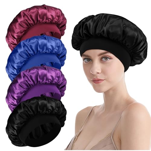 Hair Bonnet for Women - Soft Breathable Hair Cap Shower Caps for Braids Natural Hair, Black+Purple+Red+Sapphire blue