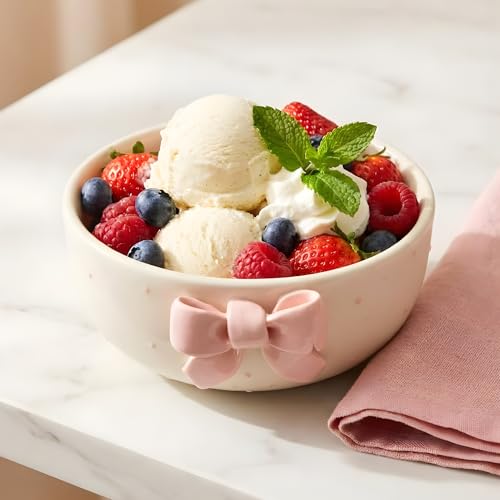 Image of Handmade Aesthetic Ceramic Bowl with 3D Pink Bow, 450ml Cute Breakfast Bowl for Cereal, Soup, Noodles, Desserts, Food-Safe Premium Ceramic Adorable Kawaii Bowl