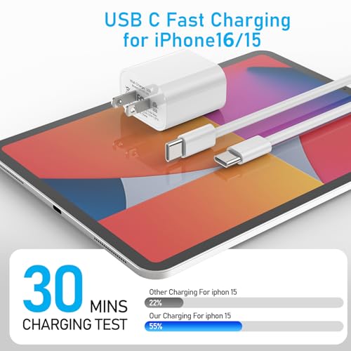 iPhone 16 15 Fast Charger, 2 Pack 20W Fast Charging Wall Charger USB C Charger Block with 6FT USB C Cord Compatible with iPhone 16/16 Pro Max/16 Pro/16/15/iPad Pro 12.9 and More