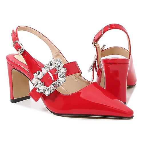 Women's Slingback Pumps with Sparkly Rhinestone Strap Buckle Pointed Closed Toe Block High Heel Sandals Fashion Adjustable Ankle Buckle Dress Shoe Party Wedding Prom