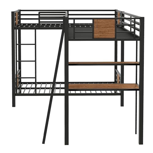 Bellemave Metal Triple Bunk Bed with Desk and Shelf, L-Shaped Bunk Bed for 3 Kids Teens Adults, Twin Over Twin Bunk Bed with a Twin Size Loft Bed Attached – Brown