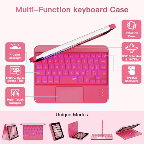 Image of RAYMCRAFT Keyboard Case for iPad mini 7 (A17 Pro, 2024) & Mini 6 (2021) 8.3-inch, 360 Rotatable, 7 Color Backlit, Multi-Touch Trackpad, Wireless Keyboard for iPad mini 7th /6th Generation, Hot Pink
