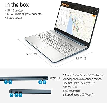 HP 15.6 Laptop, FHD, AMD R5-5500U, 8GB RAM, 256GB SSD, USB Type-C and USB Type-A, HDMI, Built-in Microphone/Webcam, Windows 11, Spruce Blue