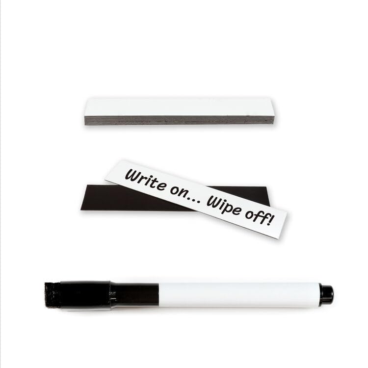 TMS Magnetic Labels Dry Erase | Reusable White Magnets with Dry Wipe Pen for Fridge Notes, Warehouse Labelling for Metal Shelves, Racking, Shelving, Reminders or Whiteboards 80x15mm [25 Pack] — image 1