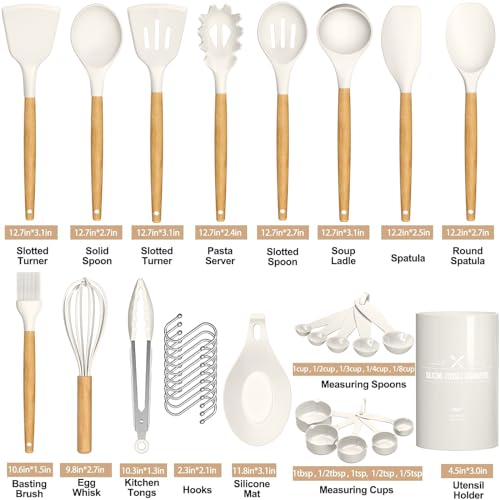 Umite Chef Kitchen Cooking Utensils Set, 33 pcs Non-stick Silicone Cooking Kitchen Utensils Spatula Set with Holder, Wooden Handle Silicone Kitchen Gadgets Utensil Set (Cream White)
