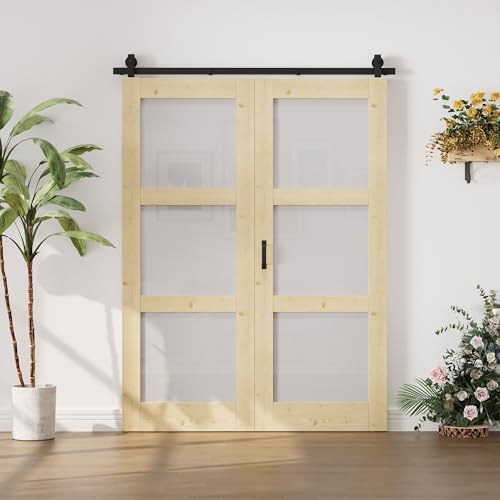 Image of 56 inchx80 inch 3-Lite Frosted Glass Bifold Barn Door with 64 inch Track Kit, Pine Slab