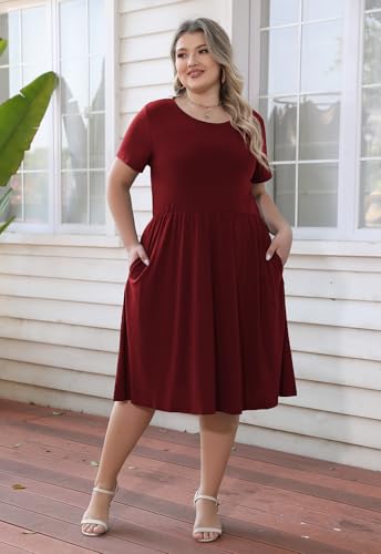 Image of Nemidor Women Plus Size Casual Dress Midi Flt Flare Pocket | Stretch knit,short sleeve,elastic waist,sizes 14-26 Plus,swing for curvy women,summer,vacation,church,brunch,party