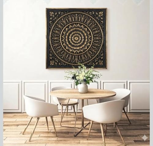 Image of ROYAL TRADERS Hand Carved Wooden Mandala Wall Panel | Vintage Floral Wall Art | Decorative Wooden Wall Hanging | Boho Home Decor Panel Large Wall Decor Panel, Wooden Carving Wall Hanging (ANTIQUE BLACK)