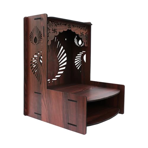 Image of Olive Tree Ethnic Wooden Pooja Mandir for Home Handcrafted Puja Stand | Wall Mounted with LED Spot Light | Mandapam, Pooja Ghar, Temple Office Decor - Walnut Size 12X12X16 Inch 1009