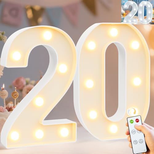 Image of Pooqla 20th Birthday Decoration for Her Him, Decorative Marquee Numbers with Remote, Light Up 20 Sign for Party Backdrop 20th Wedding Anniversary Decor, Warm White and Cool White Number 20