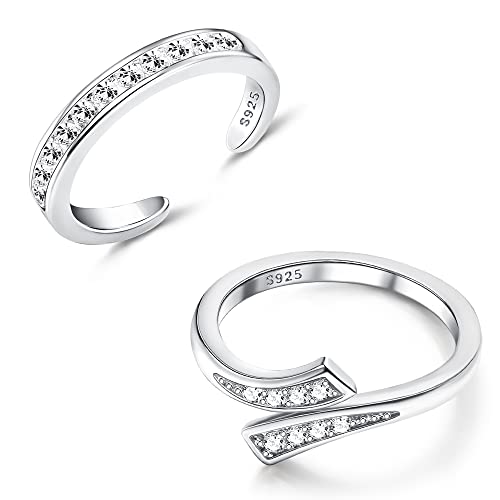 MILACOLATO 2Pcs Sterling Silver Toe Rings Set Cubic Zirconia Adjustable Band Rings Fitted Wrap Around Toe Ring for Women Summer Barefoot Jewelry | Silver