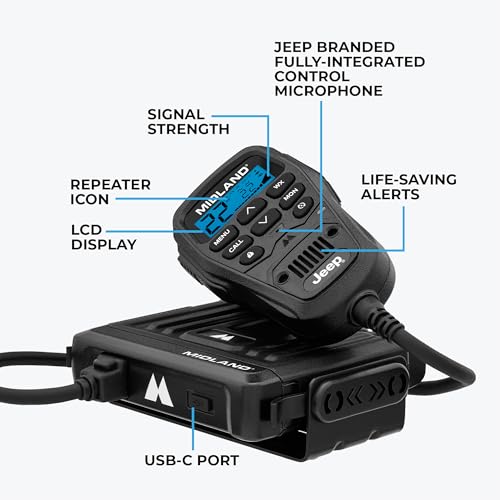 Image of Midland - MXT275 Jeep Branded MicroMobile GMRS Radio - 15 Watts Two-Way Radio with Integrated Control Microphone - Overland Tractors Detachable External Magnetic Mount Antenna - 8 Repeater Channels