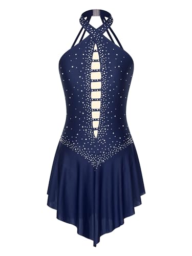 easyforever Women Sleeveless Lyrical Dance Dress Shiny Rhinestone Figure Ice Skating Leotard Dresses Navy Blue XX-Large
