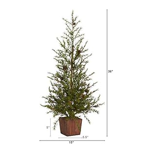 Nearly Natural 3ft Alpine Natural Look Artificial Christmas Tree in Wood Planter with Pine Cones