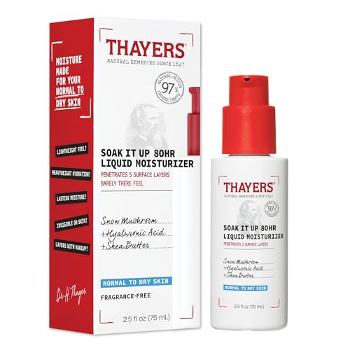 THAYERS Soak It Up 80HR Liquid Moisturizer, with HYALURONIC ACID and Snow Mushroom, Dermatologist Tested Skin Care for Normal to Dry Skin, Lightweight Formula, 75 ml