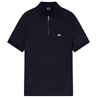 Armani Exchange 3D Embroidered Logo Half Silver Zip Polo, Navy Scuro