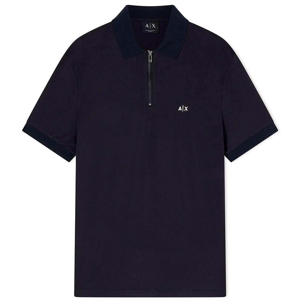 Armani Exchange Men's 3D Embroidered Logo Half Silver Zip Polo Shirt, Blue, S