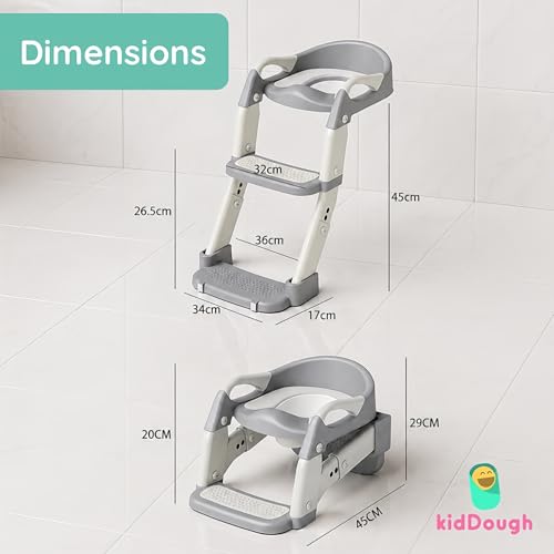 Image of KidDough Potty Training Seat with Ladder, Splash Guard, Handle and Cushion Seat, Polypropylene, Grey, Modern Style, for Kids (Potty Seat 3in 1, Grey)