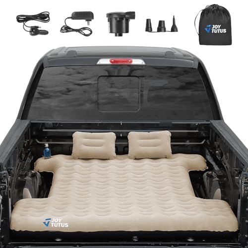 JOYTUTUS Upgraded Light Version Truck Bed Air Mattress for Camping, Thicken Inflatable Mattress for 6.4-6.7Ft Short Truck Bed,with Built-in Cup Holder&2 Inflatable Pillow,Camel and Black