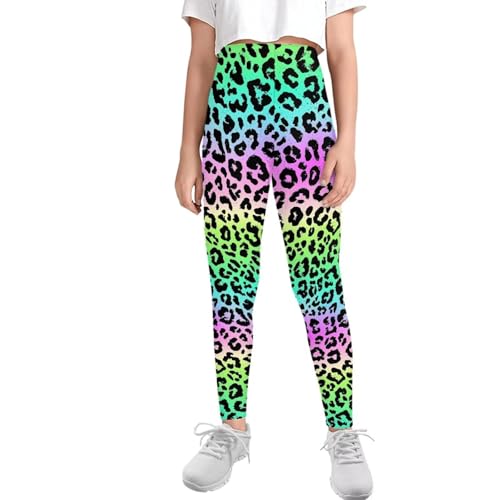 Xpyiqun Leopard Print Yoga Leggings for Girls 4T-5T Rainbow Cheetah Gym Workout Pants Tummy Control Capri Leggings Kids High Waisted Gym Running Tights Gymnastic Activewear Buttery Soft Tights