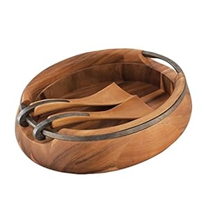 nambe Anvil Salad Bowl with Servers | Large Wooden Serving Bowl for Fruit, Salads | Made of Acacia wood and Iron Finished Nambe Alloy | Designed by Neil Cohen