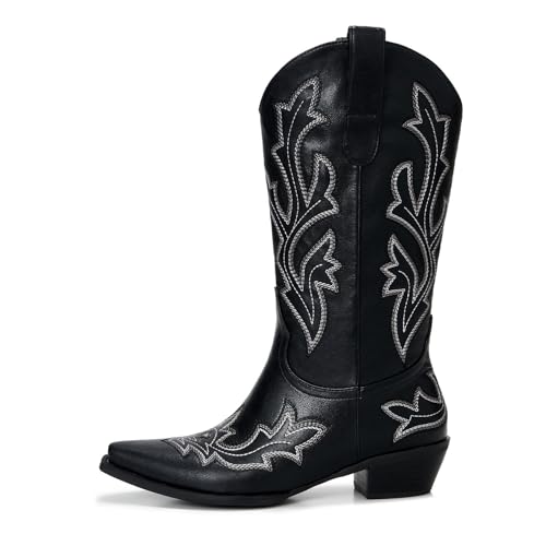 Image of Cowboy Boots for Women - Embroidered Western Cowgirl Boots with Fashion Snip Toe, 1.75-Inch Low Block Heel and All-Day Comfort Fit
