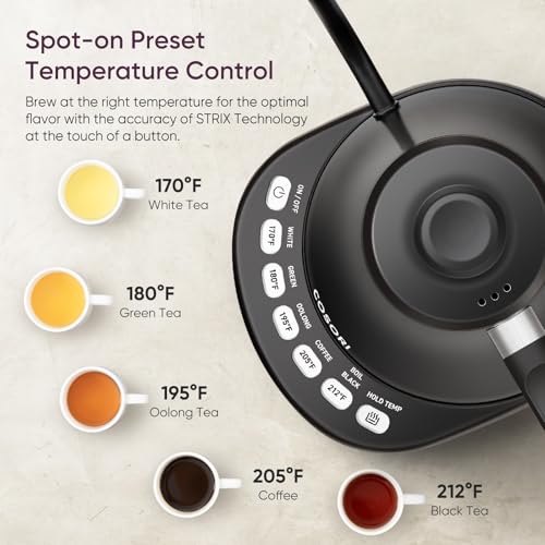 COSORI Electric Gooseneck Kettle with 5 Temperature Control Presets, Pour Over Kettle for Coffee & Tea, Hot Water Boiler, 100% Stainless Steel Inner Lid & Bottom, 1200W/0.8L - Image 3