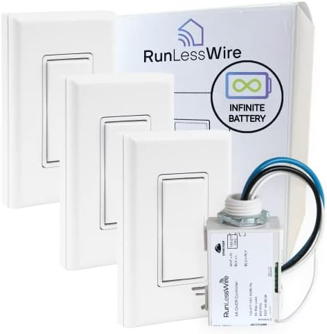 RunLessWire - The Original Self-Powered (NO Batteries) Wireless Light Switch & Receiver Kit No WiFi Needed DIY, Remote 150+ft RF Range - 4 Way: 1 Receiver, 3 Switches - White