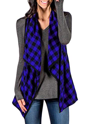 Women Draped Open Front Plaid Vest Jackets Sleeveless Lightweight Cardigan Coats Blue XXL