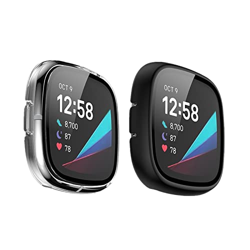 LICHIFIT Fitbit Versa 3/Sense�p�ی�P�[�X �J�o�[ PC�t���[�� �����K���X�t�B���� ��̉� �X�}�[�g�E�H�b�`�J�o�[ �E���ȒP �ϏՌ� ���h�~�y�� ������� �A�N�Z�T���[ (�����{�u���b�N)