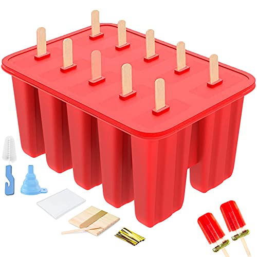 Frozen Popsicle Mold - 10 Cavities Food Grade Silicone Popsicle Molds + 62 Popsicle Sticks + 50 Popsicle Bags + Silicone Funnel + Cleaning Brush - BPA Free (Red)